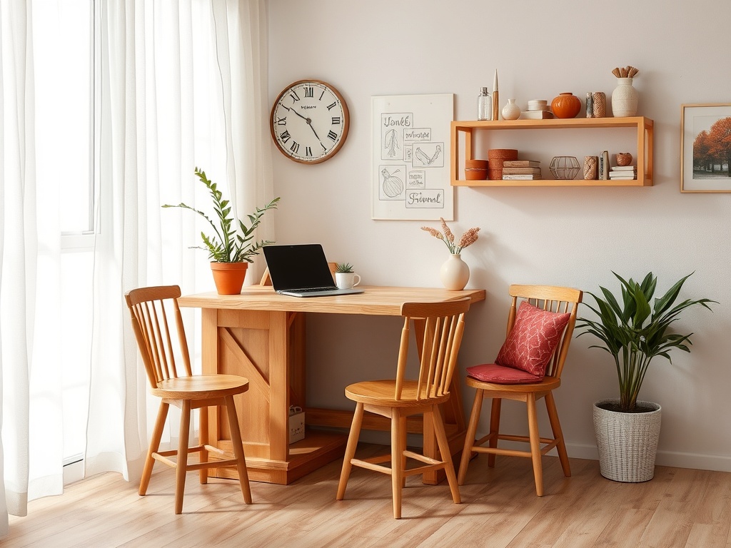 Уютный уголок с деревянным столом, стульями, растениями и полкой на стене. Светлые занавески и теплая атмосфера.