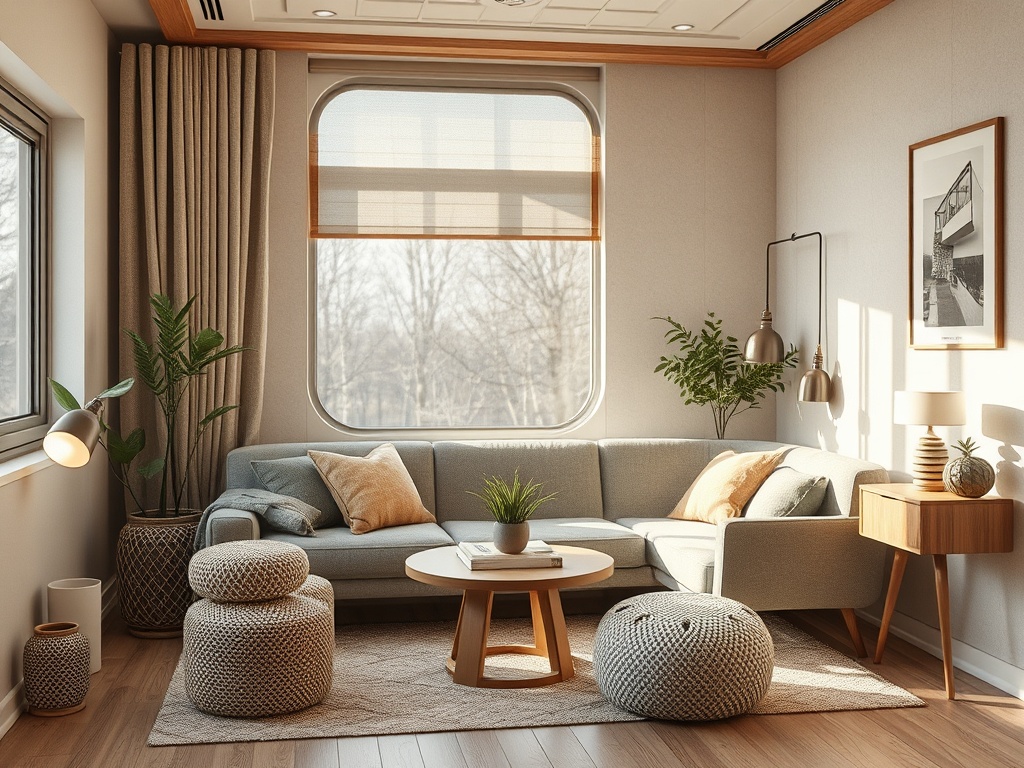 Современный интерьер с уютным диваном, круглыми столами и зелеными растениями у окна в светлом помещении.