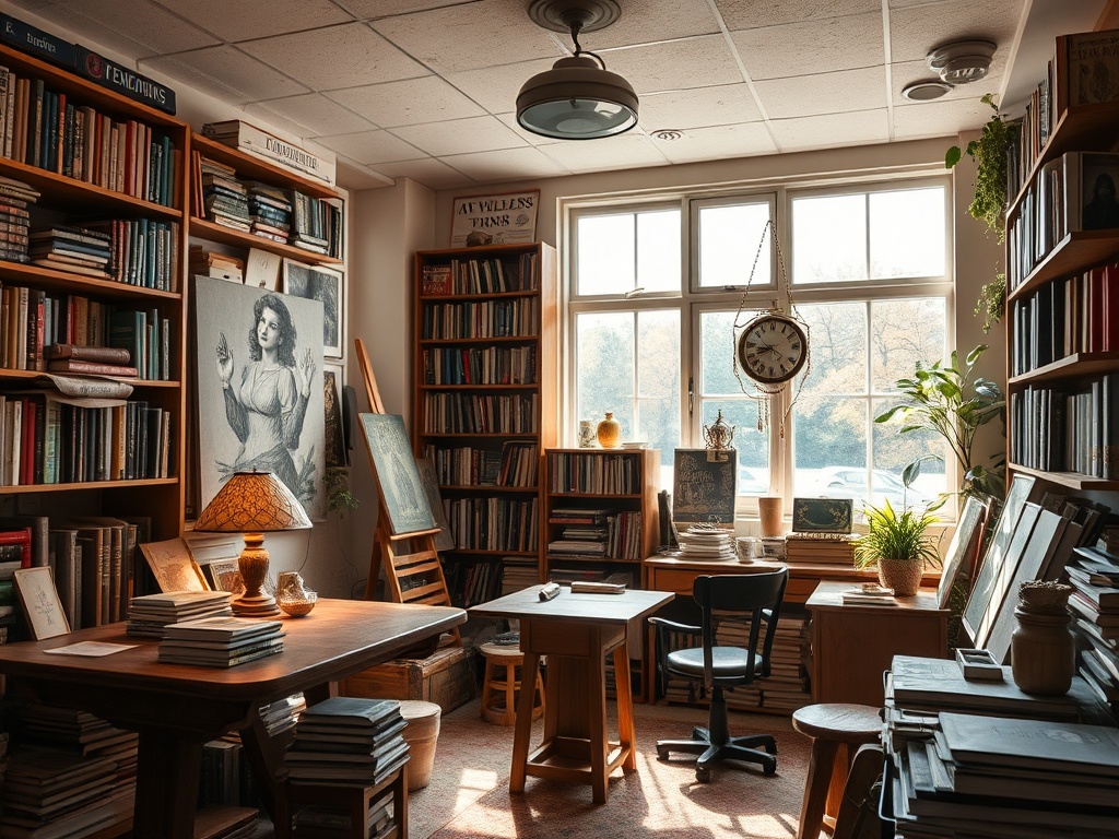 Светлая библиотека с книжными полками, уютной мебелью и зелеными растениями рядом с большими окнами.