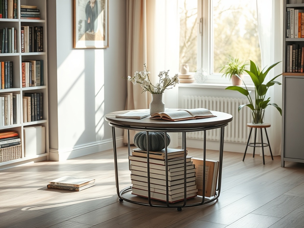 Стильная гостиная с круглым столом, книгами, вазой с цветами и зелеными растениями у окна.