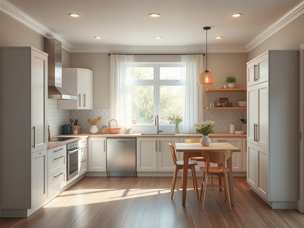 Современная светлая кухня с деревянным столом, стульями и окнами, наполненными солнечным светом.