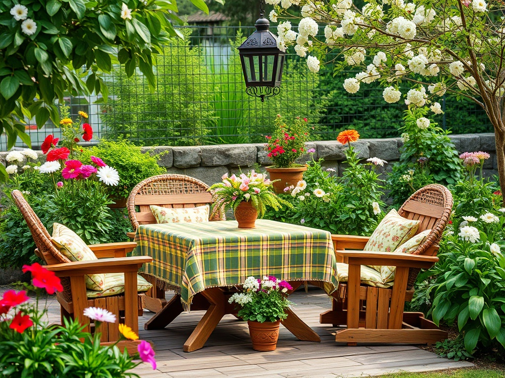 Уютная терраса с деревянной мебелью, зелеными растениями и яркими цветами в солнечный день.