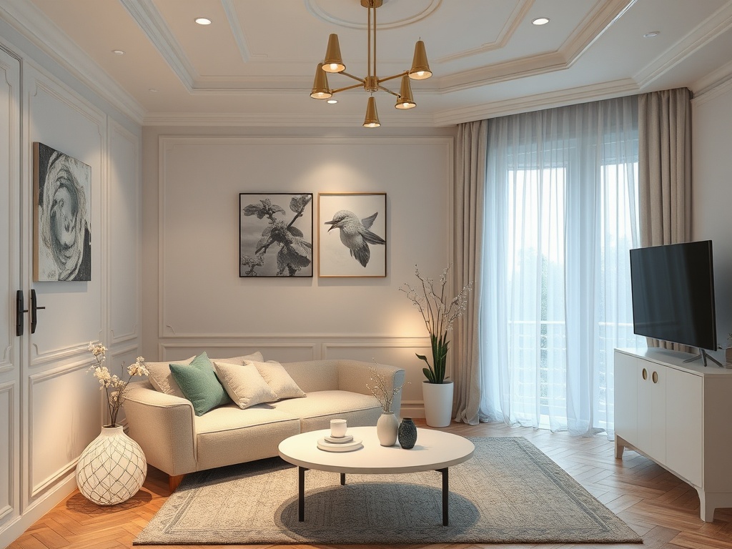 Современная гостиная с диваном, кофейным столиком, телевизором и двумя картинами на стене. Мягкое освещение.