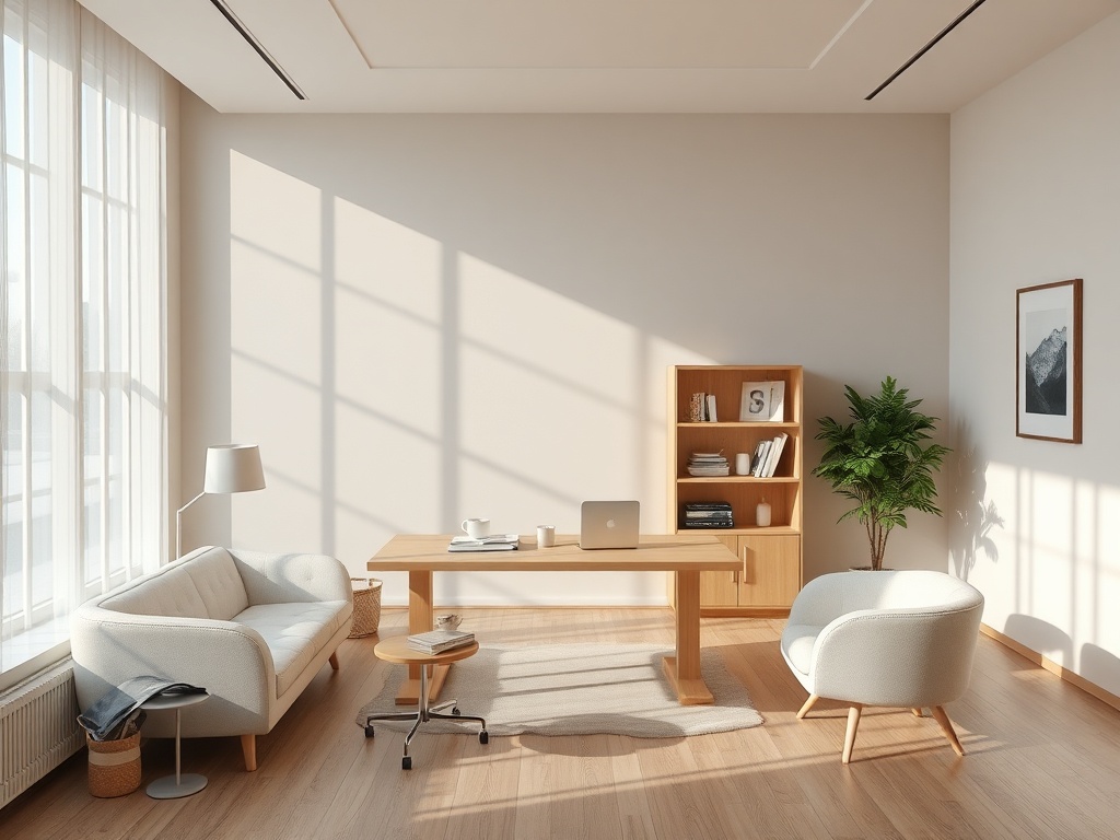 Современный офис с большим окном, светлой мебелью и зелёным растением. Уютная и спокойная атмосфера.