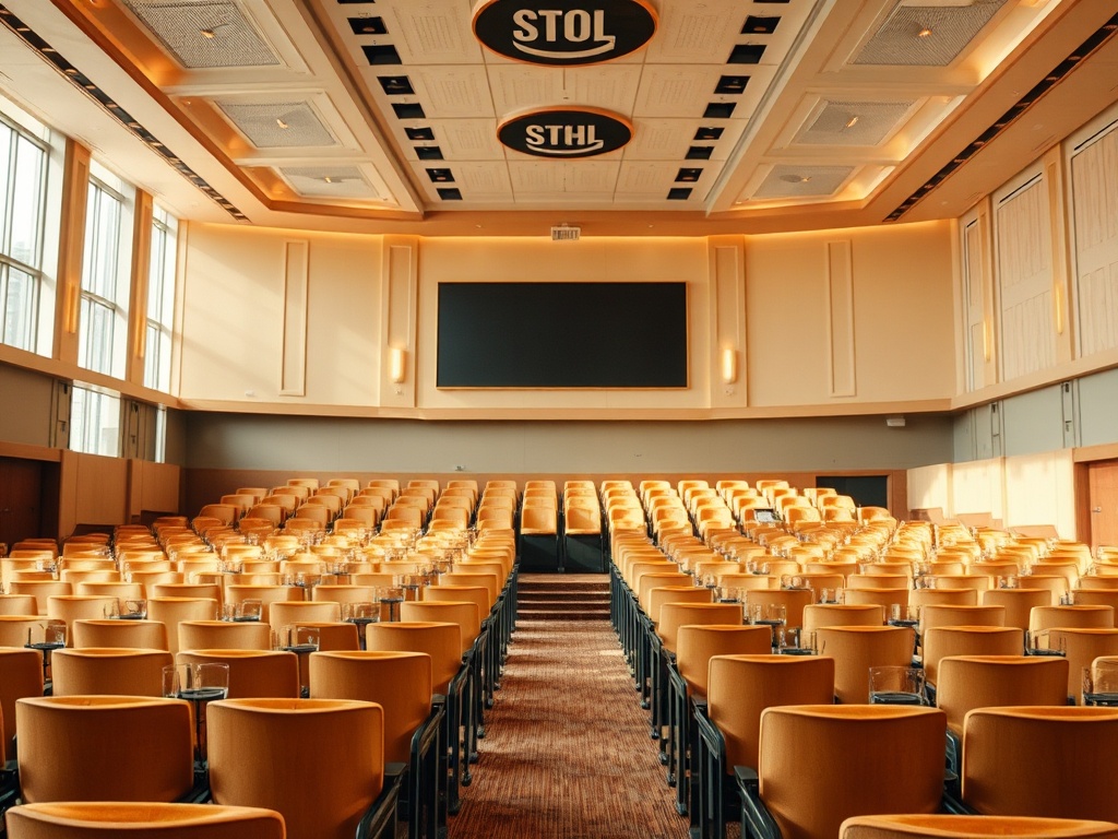 Современно оформленный зал с рядами оранжевых кресел и большим экраном на стене.