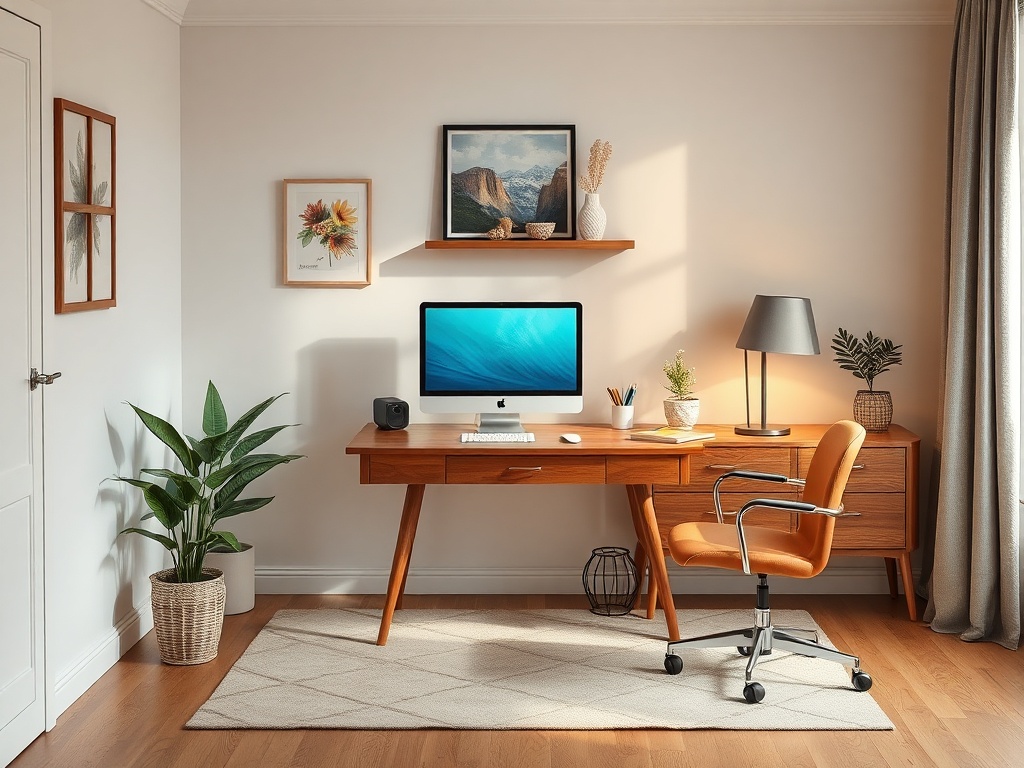 Современный рабочий кабинет с компьютером, деревянной мебелью, растениями и уютной атмосферой.